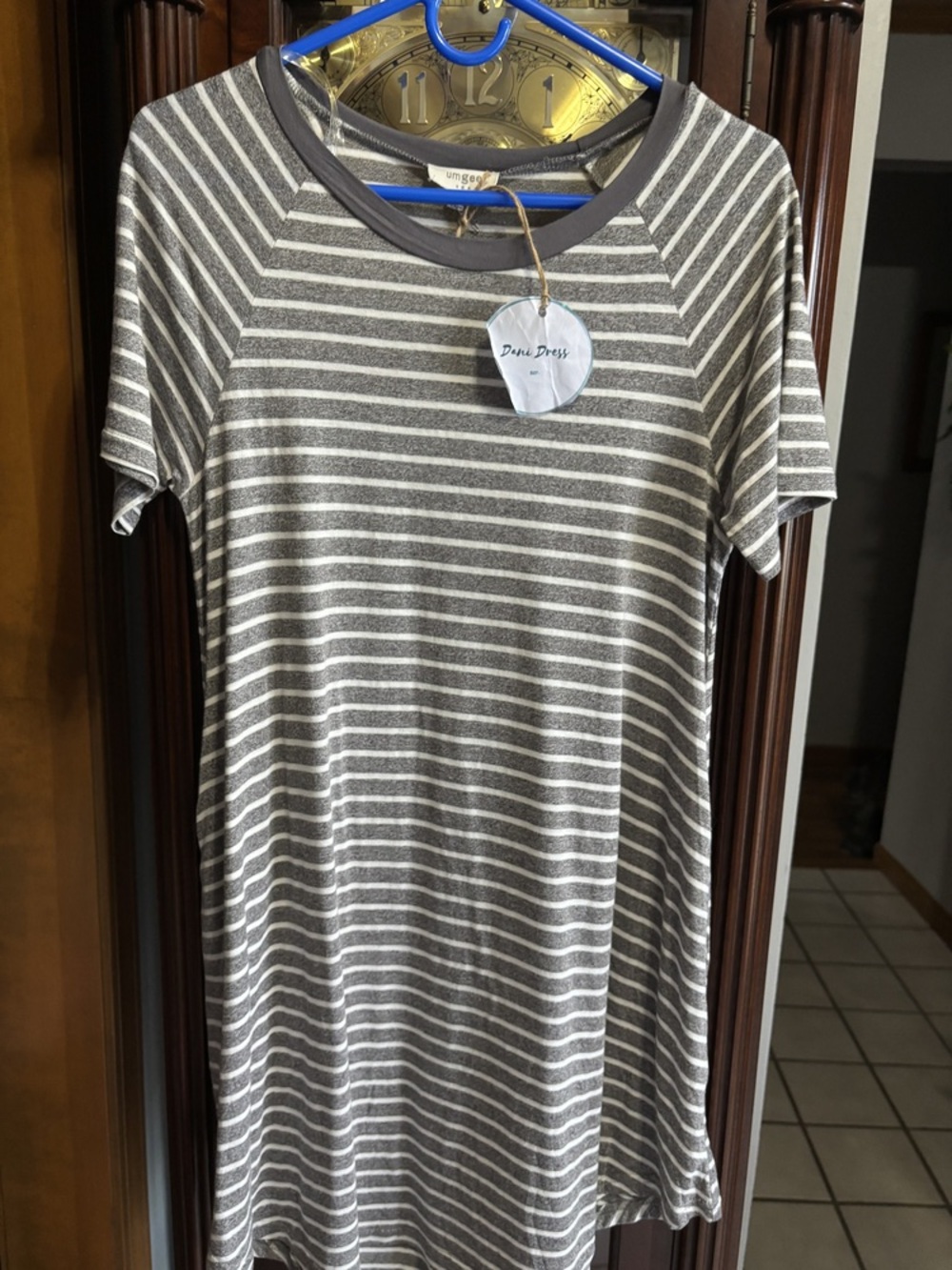 Umgee Gray and White Striped Short Sleeve Dress